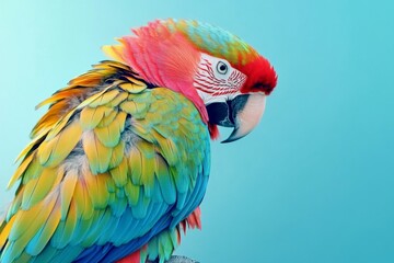 Obraz premium Vibrant Parrot with Colorful Feathers and Sharp Beak, Showcasing the Vivid Plumage and Characteristic Features of an Exotic Bird in a Striking Blue Background.