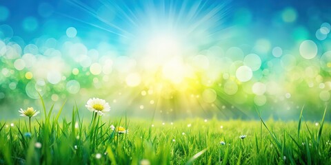 Obraz premium Sunny spring meadow blur background with blue sky to green grass gradient, nature, meadow, spring, sunny, blue sky