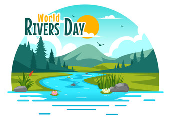 Vector Illustration of a River Landscape with Mountain Views, Green Fields, Trees, and Forests Surrounding the Rivers in a Flat Cartoon Background