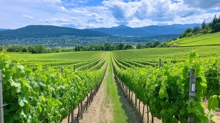 Naklejka premium A vineyard with rows of grapevines and a scenic backdrop.