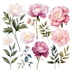 Watercolor painting of pink and white peonies with leaves.