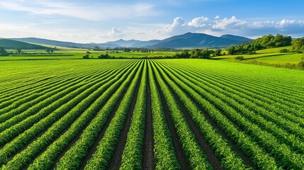 Aerial view of crop fields arranged in neat rows.