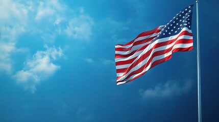 Fototapeta premium American Flag Fluttering in the Breeze: The Stars and Stripes dance against a backdrop of vibrant blue sky and fluffy white clouds, evoking a sense of patriotism and national pride. A symbol of freedo