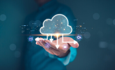 Hand holding virtual cloud computing interface with data icons. Concept of cloud storage and data management technology. Design for print and web