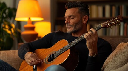 Obraz premium Cozy Serenade - Man Playing Acoustic Guitar in Warmly Lit Living Room