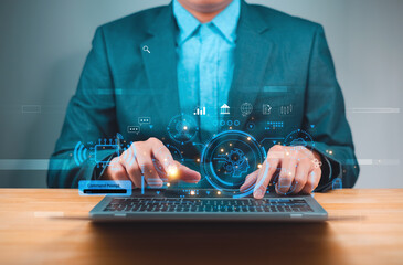 Businessman typing on laptop with AI and digital interface icons. Conceptual technology and innovation background. Design