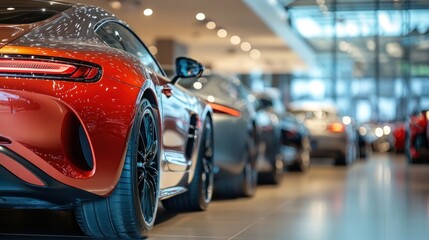 Fototapeta premium Side view of luxury cars in a showroom, a new modern car service center. Sunlight through the glass creates a bokeh effect.