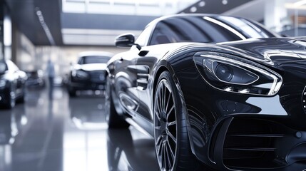 Obraz premium Side view of luxury cars in a showroom, a new modern car service center. Sunlight through the glass creates a bokeh effect.