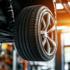 New tires, tire shop changing wheels at a service center or auto repair shop, soft sunlight