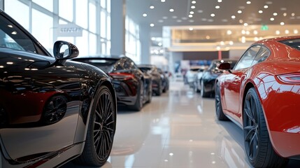 Side view of luxury cars in a showroom, a new modern car service center. Sunlight through the glass creates a bokeh effect.