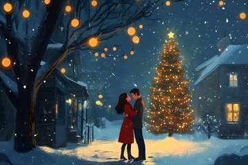 Obraz premium A couple is standing in front of a Christmas tree, with the man holding the woman. The scene is set in a snowy town, with a house in the background. Scene is romantic and festive