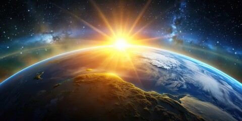 Planet earth with sunrise in space, Earth, planet, sunrise, space, solar system, sun, galaxy, universe, celestial