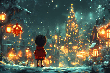 Christmas Eve church with burning candles, festive decorations, and a starry night scene