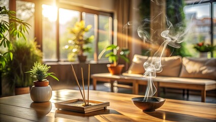 Burning Incense on a Wooden Table in a Sunlit Modern Living Room