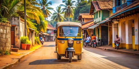 Indian tuk tuk driving on the street of Gokarna, Karnataka, India, transportation, auto rickshaw, travel, traditional