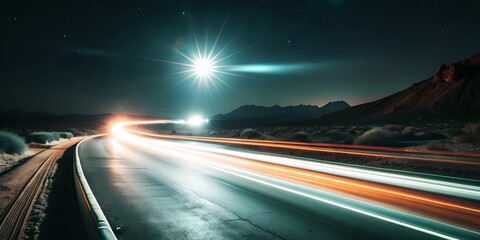 Obraz premium Nighttime Desert Road with Headlights Leading the Way