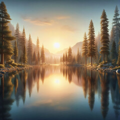Obraz premium A view of a lush pine forest around a quiet lake.