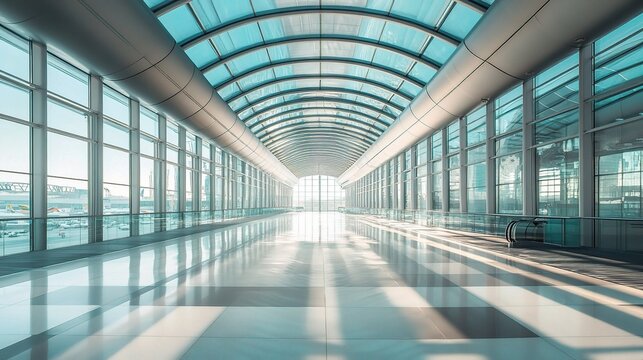 Modern Glass Corridor:  A minimalist architectural masterpiece captures the essence of sleek design and functionality. Sunlight streams through a vast glass ceiling, illuminating the expansive corrido