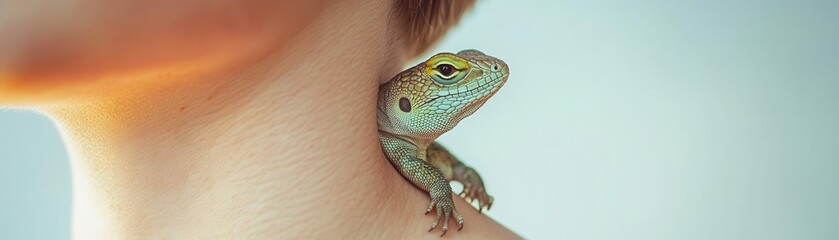 Fototapeta premium Close-up of a gecko perched on a person's neck, showcasing a unique interaction between human and reptile in a serene setting.