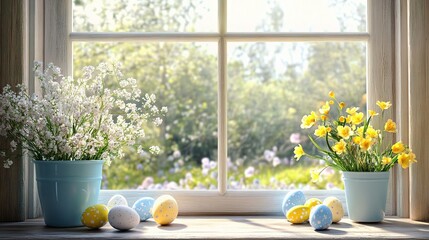 Spring's Gentle Embrace: Easter eggs and pastel blooms grace a sun-drenched windowsill, framing a vibrant garden in full bloom.