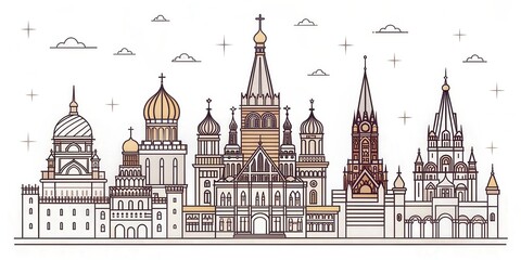 Fototapeta premium Linear silhouettes of iconic buildings and landmarks in Moscow, Russia , Moscow, Russia, linear, silhouettes, buildings
