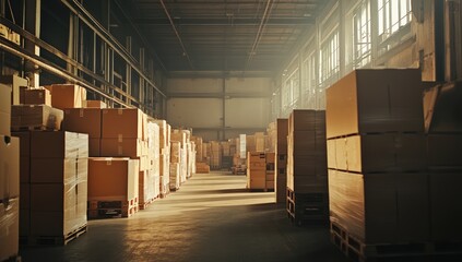 Warehouse Interior with Stacks of Cardboard Boxes