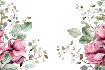 Watercolor painting of pink flowers and green leaves on white background.