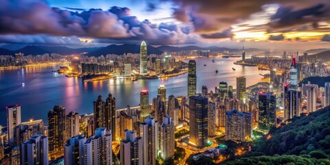 Obraz premium Top view of Hong Kong night cityscape next to a river with dynamic sky movements, Hong Kong, cityscape, night, river, mountain