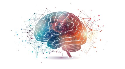 Innovative AI Brain Concept: Neural Network Visualization with Ultra-High-Resolution Focus Stacking and Color Grading on a White Background