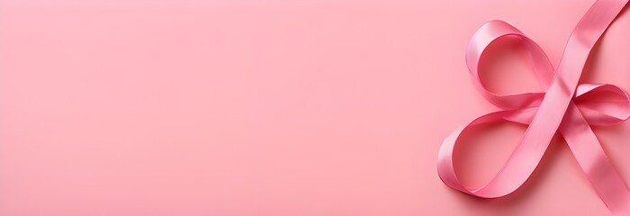 Fototapeta premium Pink ribbon for breast cancer awareness. Mammography Day. Horizontal banner. Pink ribbon on a pink background. Free space for text Breast cancer prevention screening Hardware examination of the breast