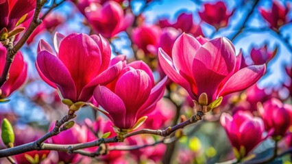Fototapeta premium Close-up view of vibrant red Magnolia soulangeana flowers on a tree branch , spring, blooming, nature, petals, beauty