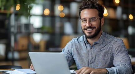 Obraz premium Smiling businessman working with documents and laptop in modern office 