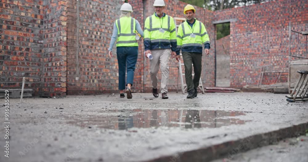 Poster legs, team and walking in construction site as engineer, project manager or supervisor for collabora