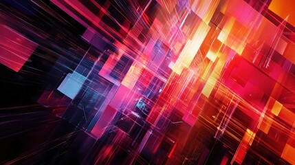 Abstract Digital Cityscape: Vibrant, neon-hued geometric shapes intersect in a dynamic, abstract digital cityscape, evoking a sense of futuristic technology, progress, and innovation.  
