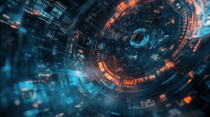 Abstract Digital Vortex: A captivating abstract digital vortex, rendered in a mesmerizing blend of blue and orange hues. 
