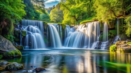 Obraz premium Waterfall cascading into a tranquil river for sewing inspiration, waterfall, river, sewing, crafts, nature, peaceful