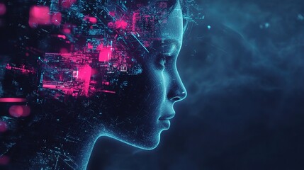 Obraz premium Digital Eve: A ethereal woman's profile, rendered in a neon palette of blue and pink, merges with abstract digital fragments, symbolizing the intersection of humanity and technology. 