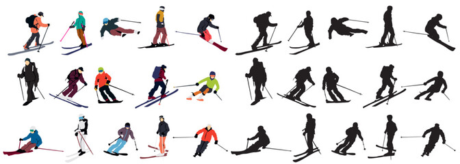 snow ski set of people skiing skier vector illustration white back ground full isolated collection winter sports