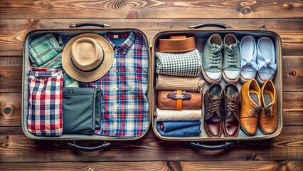 Traveler's suitcase packed with clothes, shoes, accessories, and souvenirs for a holiday trip, travel, vacation, luggage