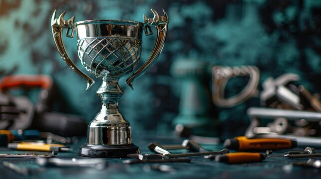 Silver Trophy on Tools Background.