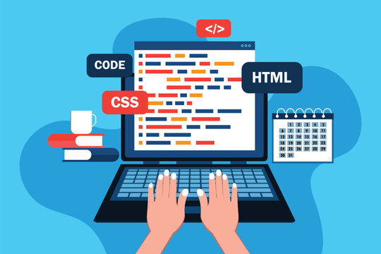 Web development and coding. programming code on screen laptop concept
