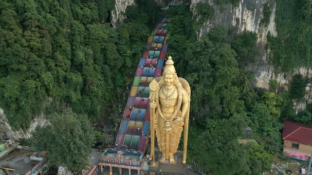 Aerial view of Batu Caves And Gold statue Of Murugan In Kuala Lumpur, Malaysia