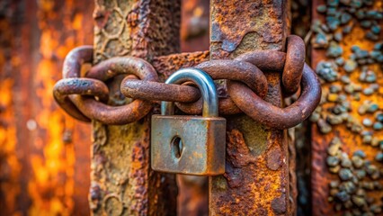A close-up photo of a rusted metal lock with a chain attached, security, protection, locked, key, safety, rusty, old, vintage