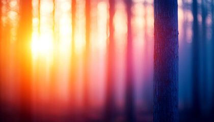 Forest showcasing beautiful hues of orange and blue during sunset, providing a peaceful ambiance in nature.