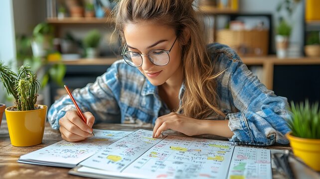 Person organizing weekly schedule with a planner and calendar, focusing on productivity and balance, high resolution