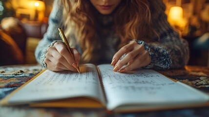 Individual focusing on productivity while planning their weekly schedule with a calendar and planner, high resolution