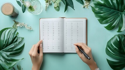 Overhead shot of a person planning a balanced week with a planner and calendar, high resolution