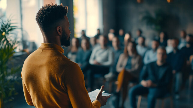 Young berded man speaking on a business training standing in office during a conference or seminar for a group of diverse people company employees sitting on chairs in meeting room, 