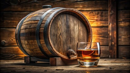 Glass of bourbon whiskey in old oak barrel with copper alambic and oak barrel in the background, bourbon, whiskey, alcohol