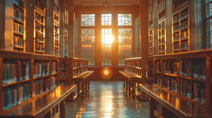 Sunlight streaming through the library windows.